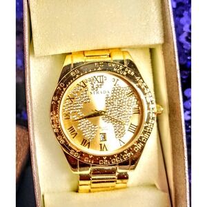 STRADA Gold Tone World Map Rhinestone Luxury Men's Quartz Watch Date